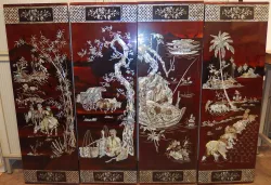 Pe055 Mother-of-pearl inlay Intarsia Lacquer panels Vietnam 20th century
